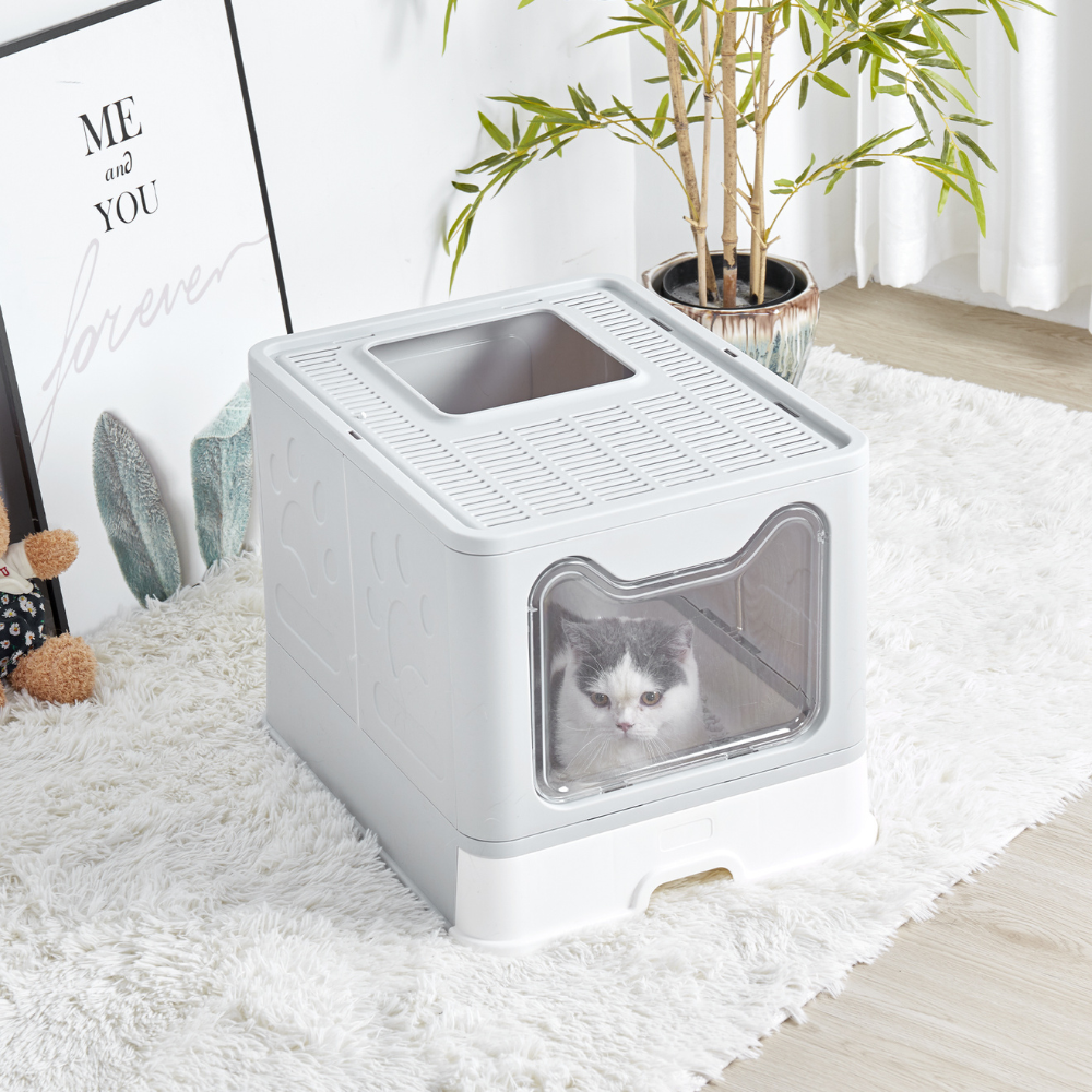 Large Space Foldable Cat Litter Box with Front Entry & Top Exit with Tray_1