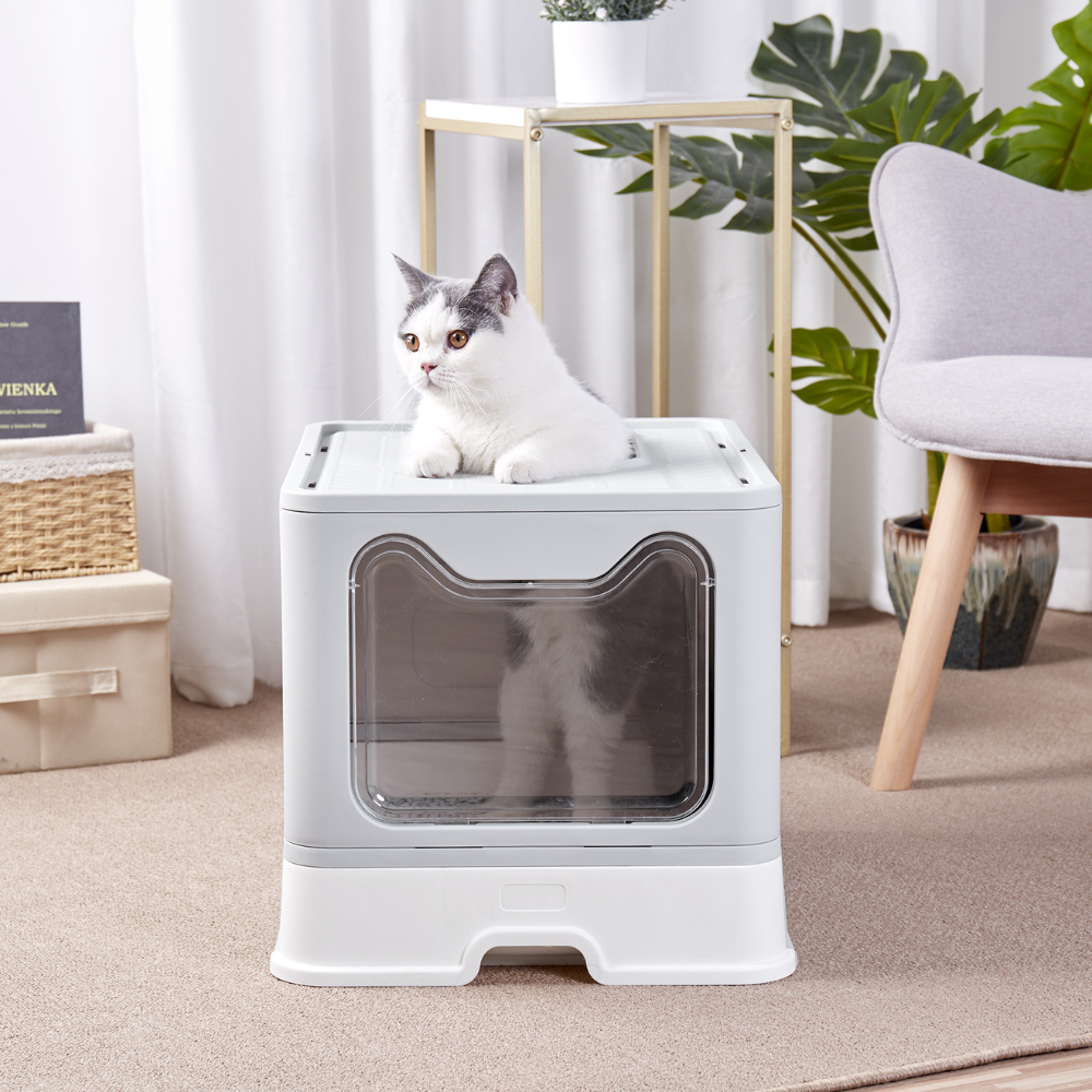 Large Space Foldable Cat Litter Box with Front Entry & Top Exit with Tray_2