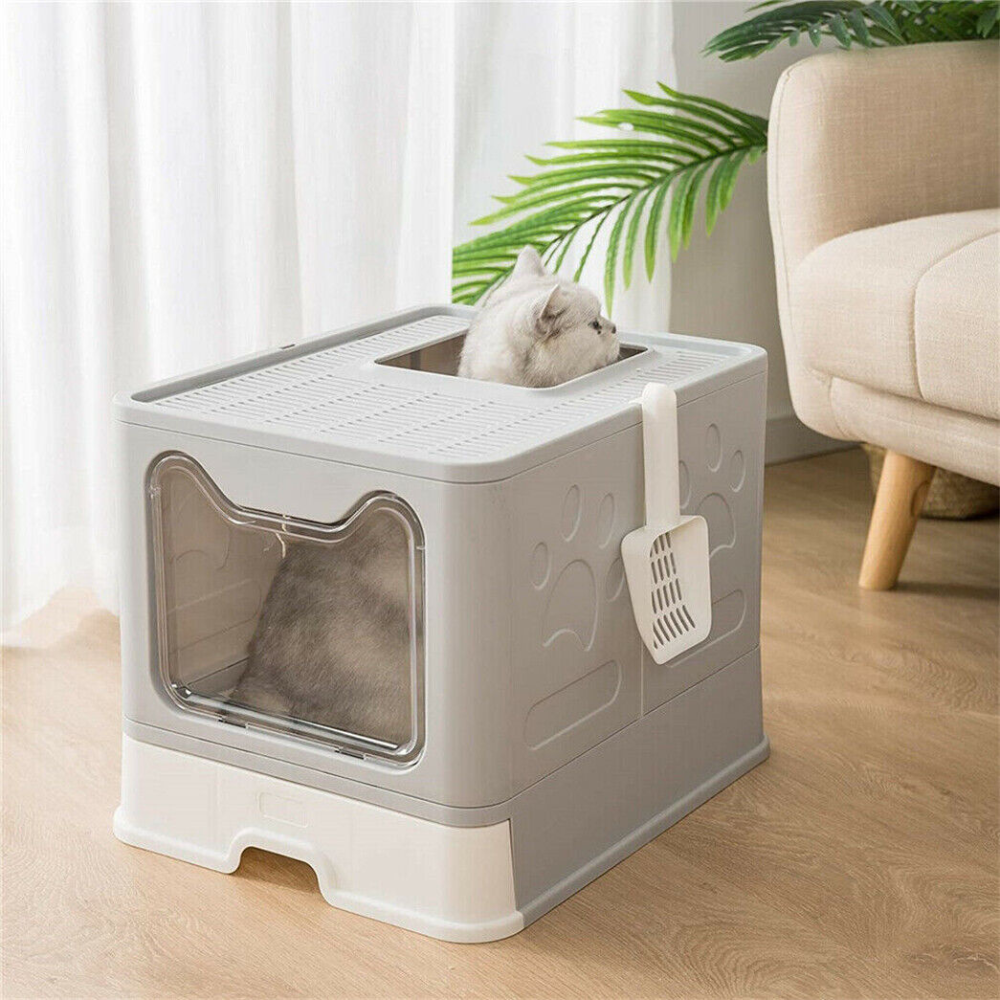 Large Space Foldable Cat Litter Box with Front Entry & Top Exit with Tray_4