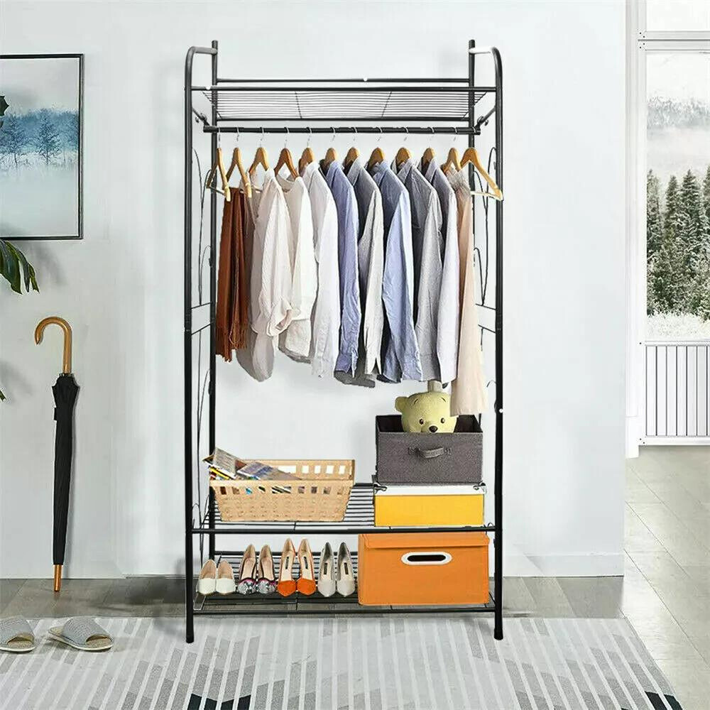 Black Metal Heavy Duty Clothes Rail Clothes Rack with 2 Shelf Storage Shelves_1