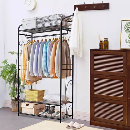 Black Metal Heavy Duty Clothes Rail Clothes Rack with 2 Shelf Storage Shelves_4