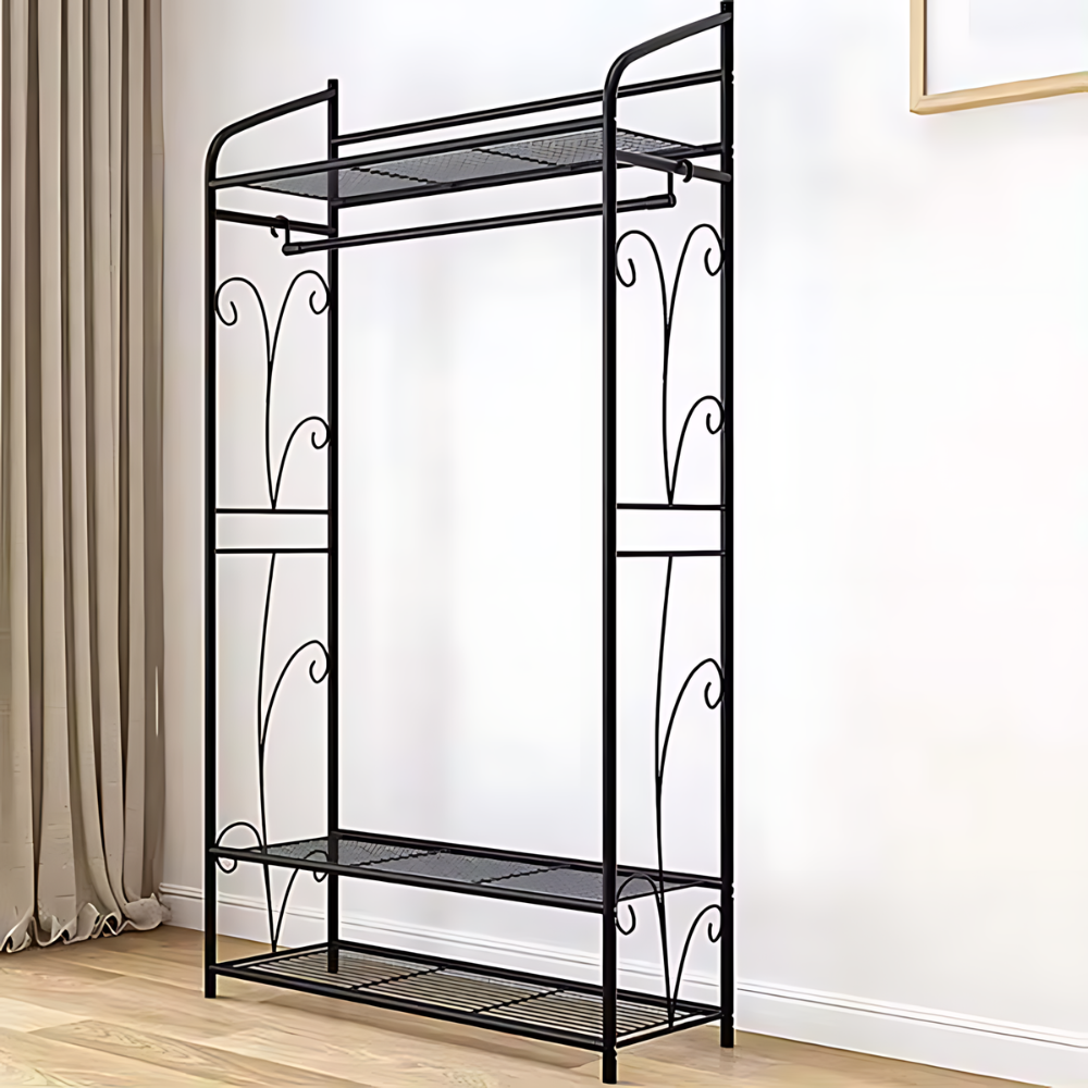 Black Metal Heavy Duty Clothes Rail Clothes Rack with 2 Shelf Storage Shelves_5