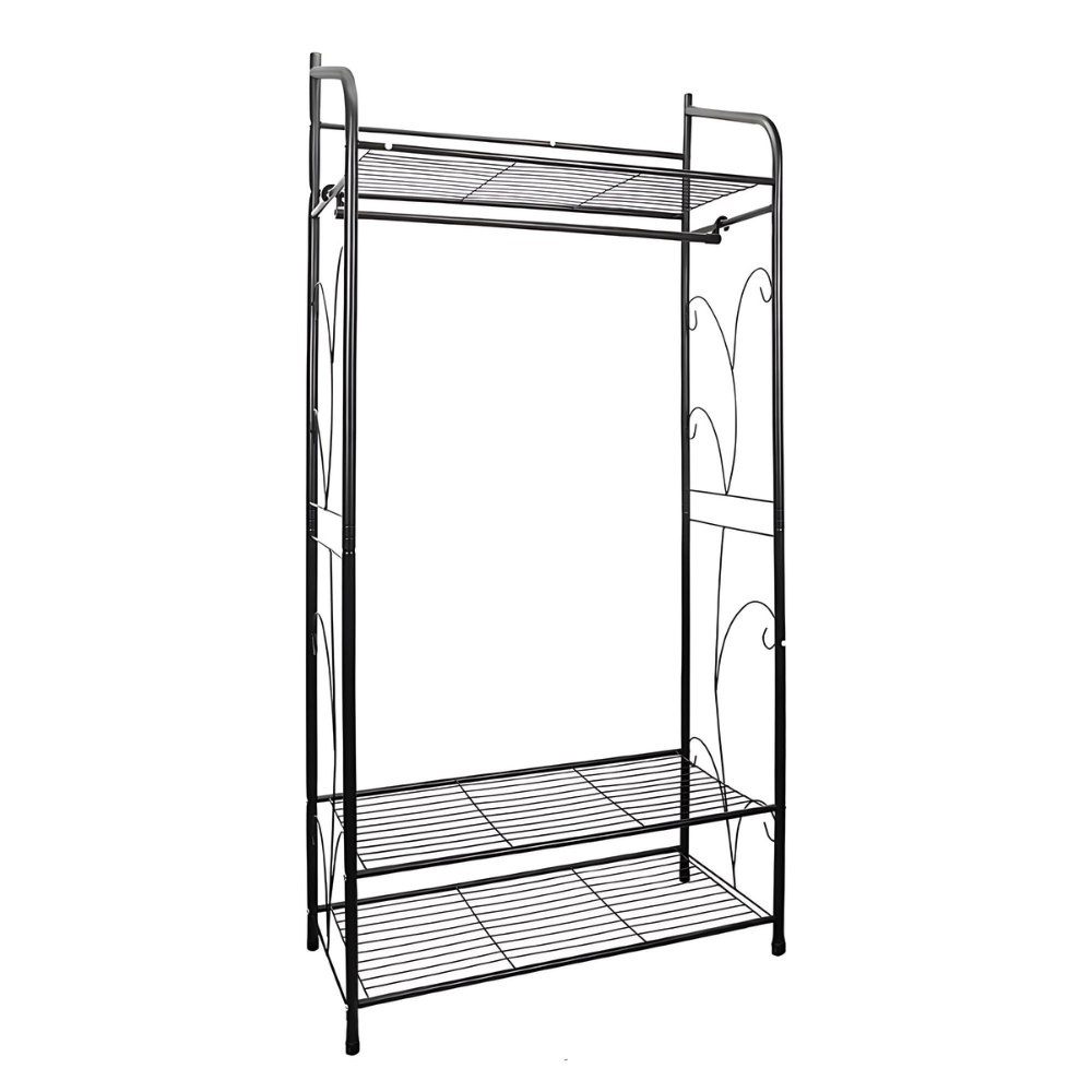 Black Metal Heavy Duty Clothes Rail Clothes Rack with 2 Shelf Storage Shelves_6