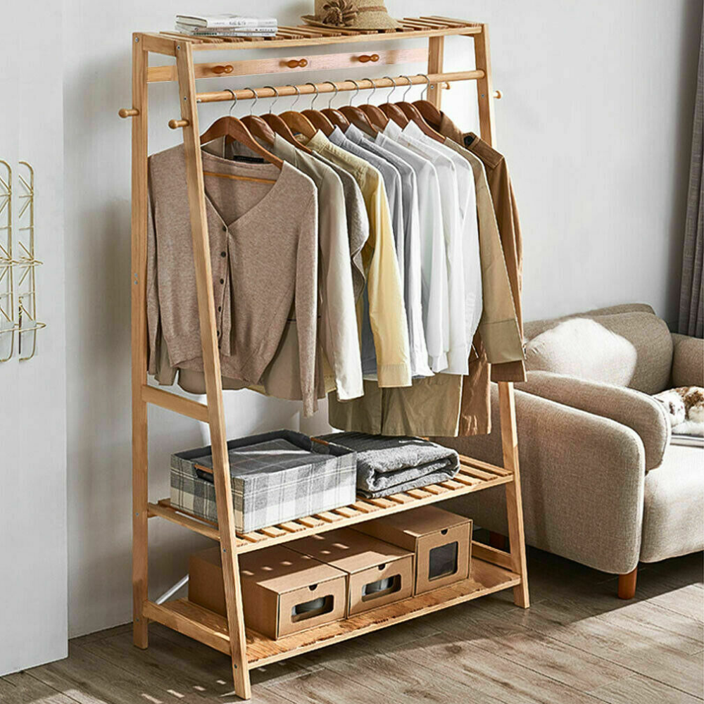 Bamboo Garment Coat Clothes Rack with top shelf and 2-tier Shoe Organizer Shelves_1