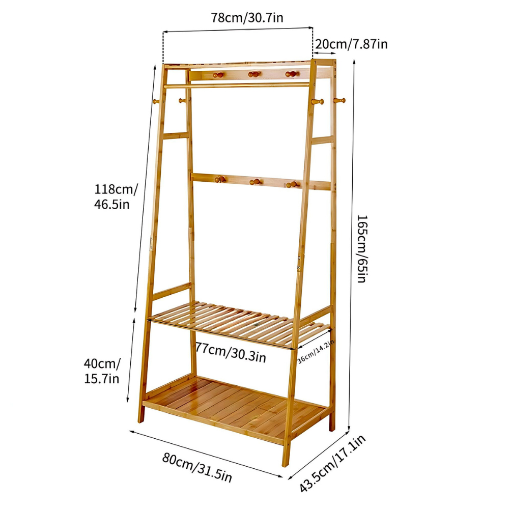 Bamboo Garment Coat Clothes Rack with top shelf and 2-tier Shoe Organizer Shelves_10