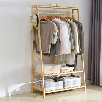 Bamboo Garment Coat Clothes Rack with top shelf and 2-tier Shoe Organizer Shelves_3