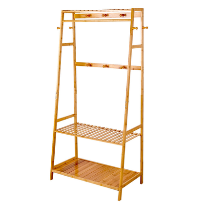 Bamboo Garment Coat Clothes Rack with top shelf and 2-tier Shoe Organizer Shelves_9