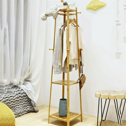 Bamboo Coat Rack Free Standing 2-Shelves Clothing Storage Garment Organizer_1