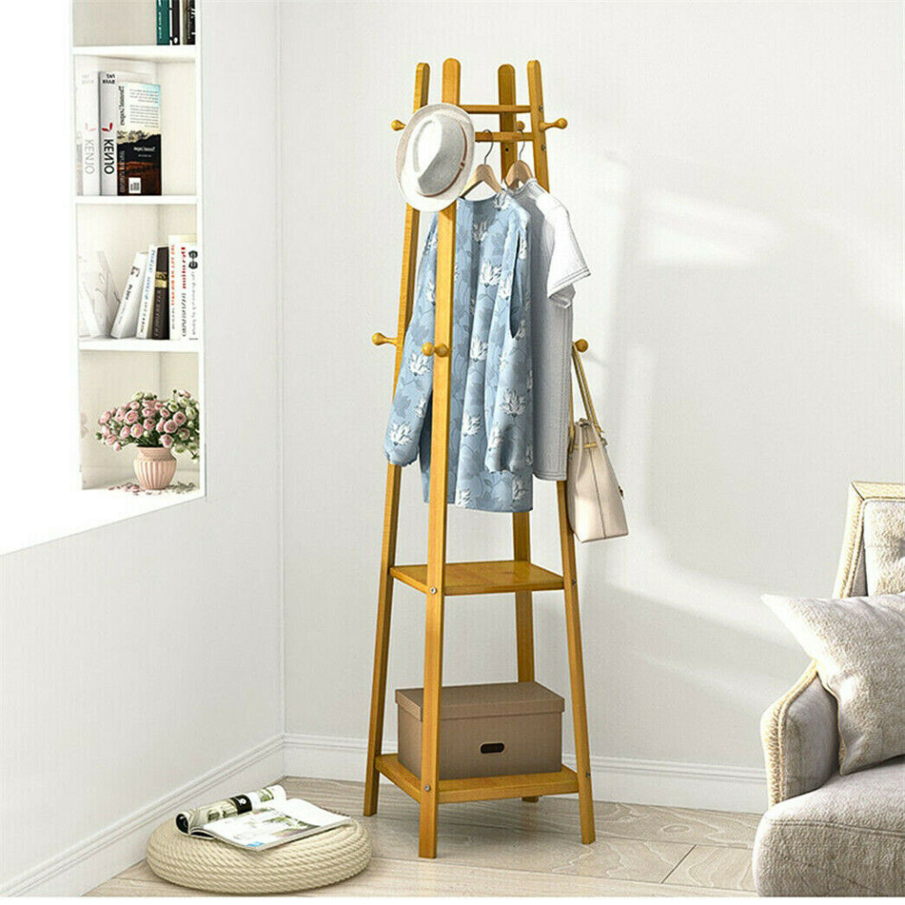 Bamboo Coat Rack Free Standing 2-Shelves Clothing Storage Garment Organizer_2