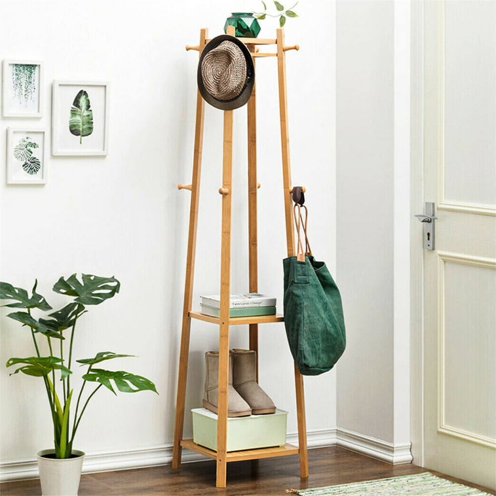 Bamboo Coat Rack Free Standing 2-Shelves Clothing Storage Garment Organizer_3