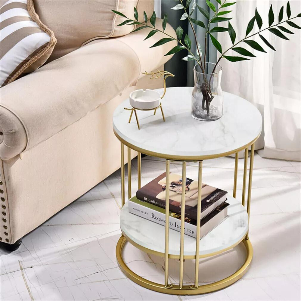 Round Marble Accent Table End 2 Tiers Storage Table - Gold_0