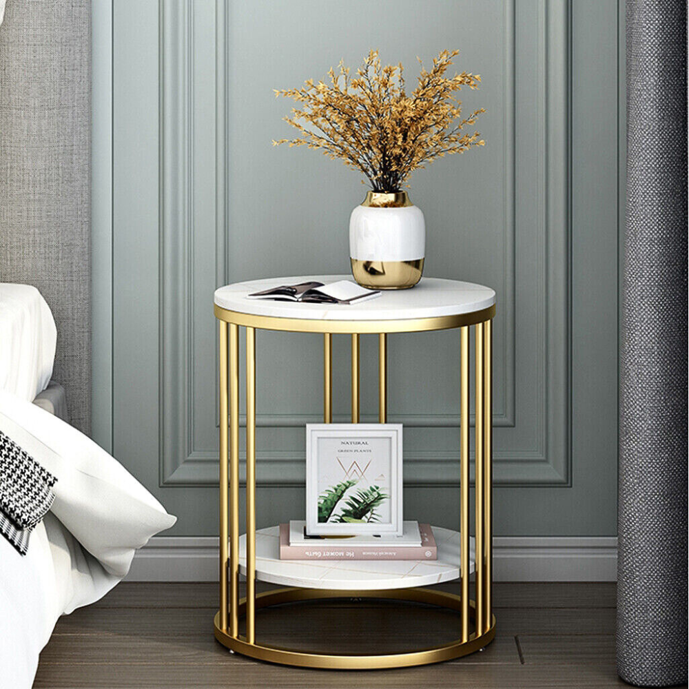 Round Marble Accent Table End 2 Tiers Storage Table - Gold_1