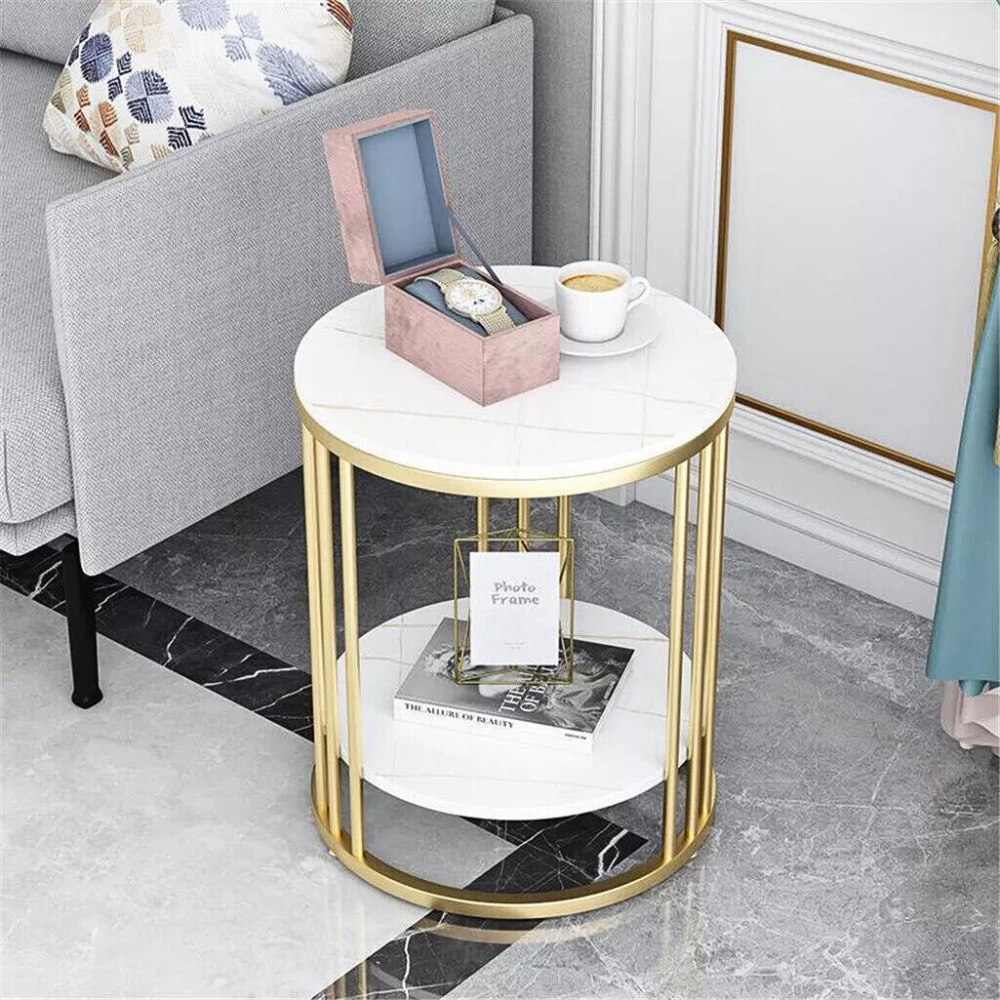 Round Marble Accent Table End 2 Tiers Storage Table - Gold_2