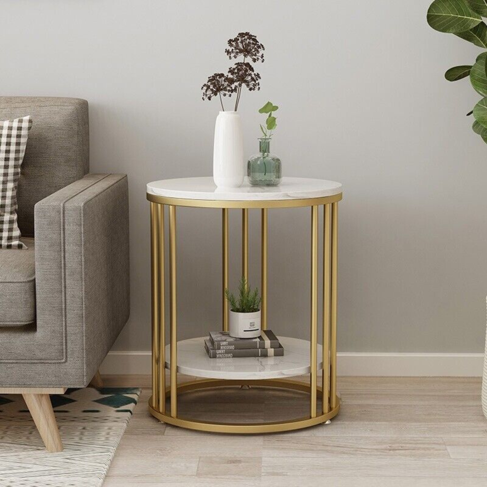 Round Marble Accent Table End 2 Tiers Storage Table - Gold_3