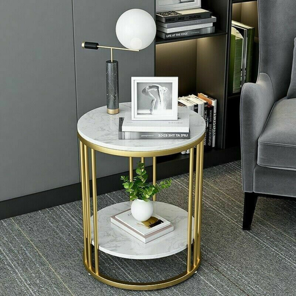 Round Marble Accent Table End 2 Tiers Storage Table - Gold_4