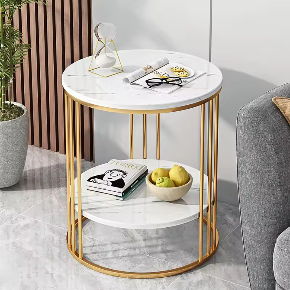 Round Marble Accent Table End 2 Tiers Storage Table - Gold_5