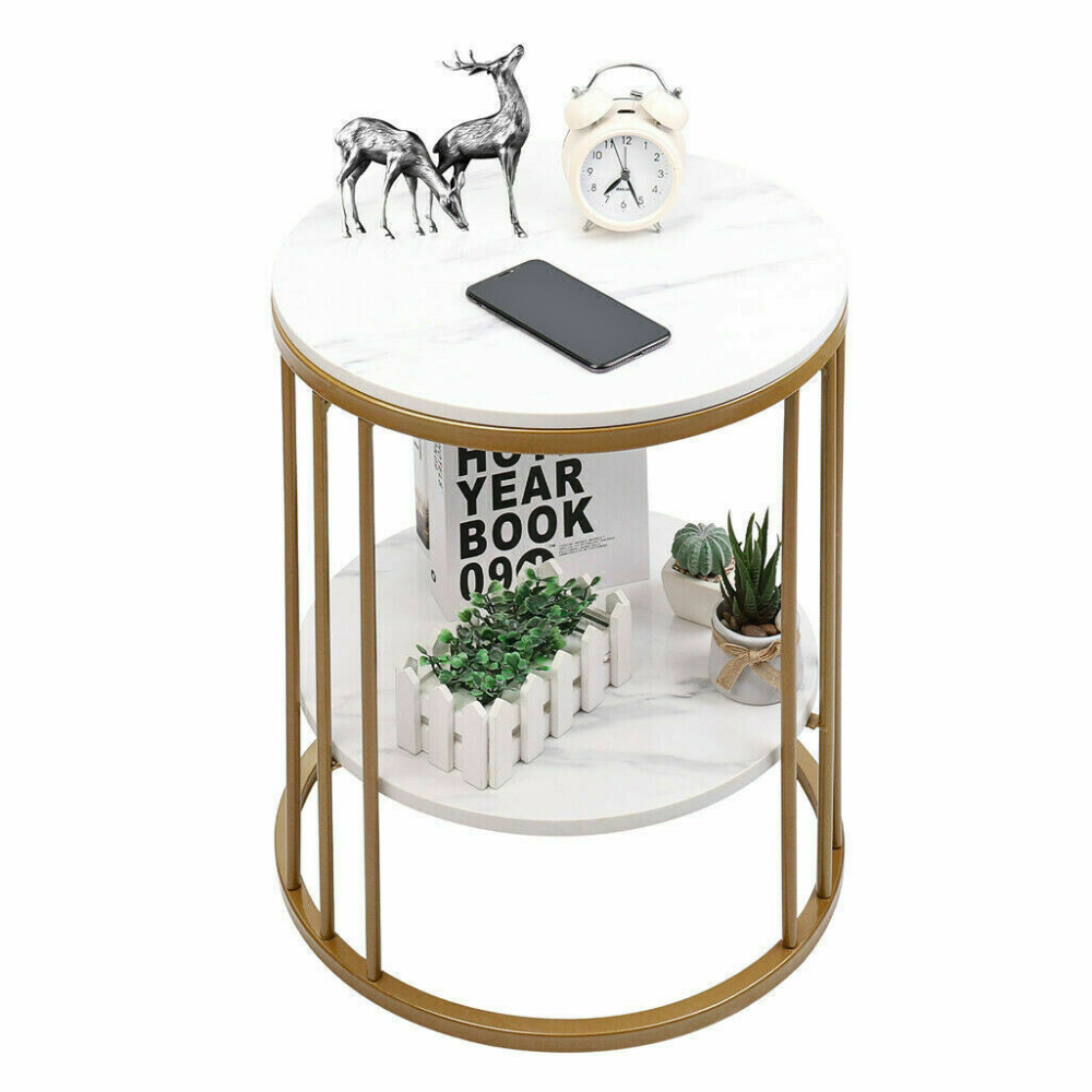 Round Marble Accent Table End 2 Tiers Storage Table - Gold_7