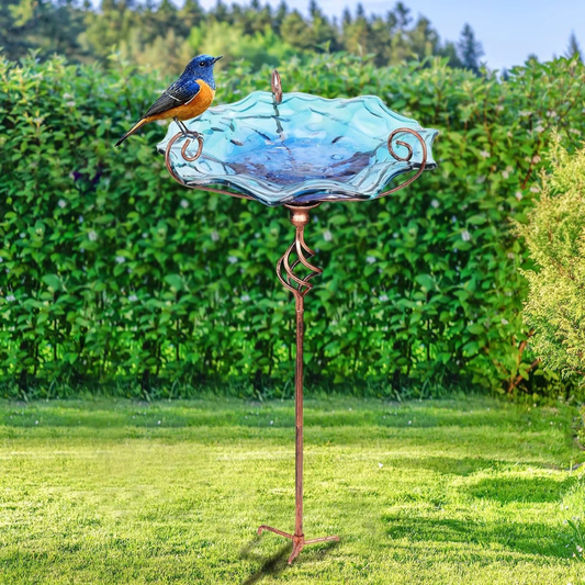 30'' Height Flower Glass Bird Bath Garden Outdoor Bird Feeder with Metal Stake_0