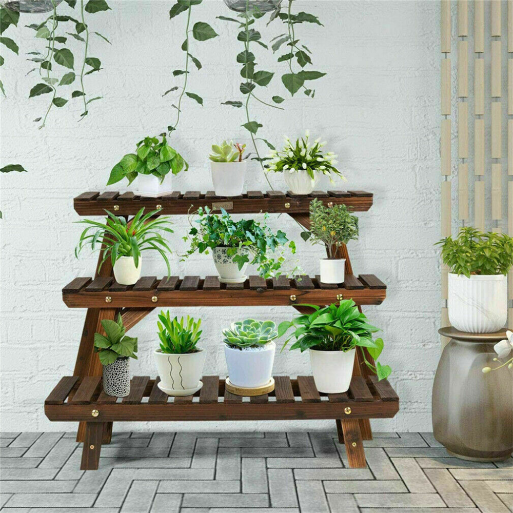 3 Tier Freestanding Ladder Shelf Wood Plant Stand_2