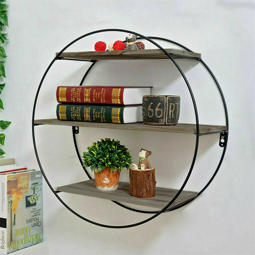 3 Tier Floating Wall Mounted Rustic Industrial Wood Metal Shelves_3