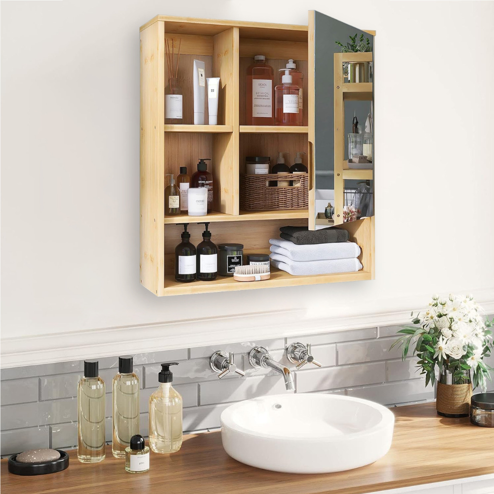 Natural Bamboo Bathroom Vanity Mirror Cabinet Wall Mounted Cupboard_5