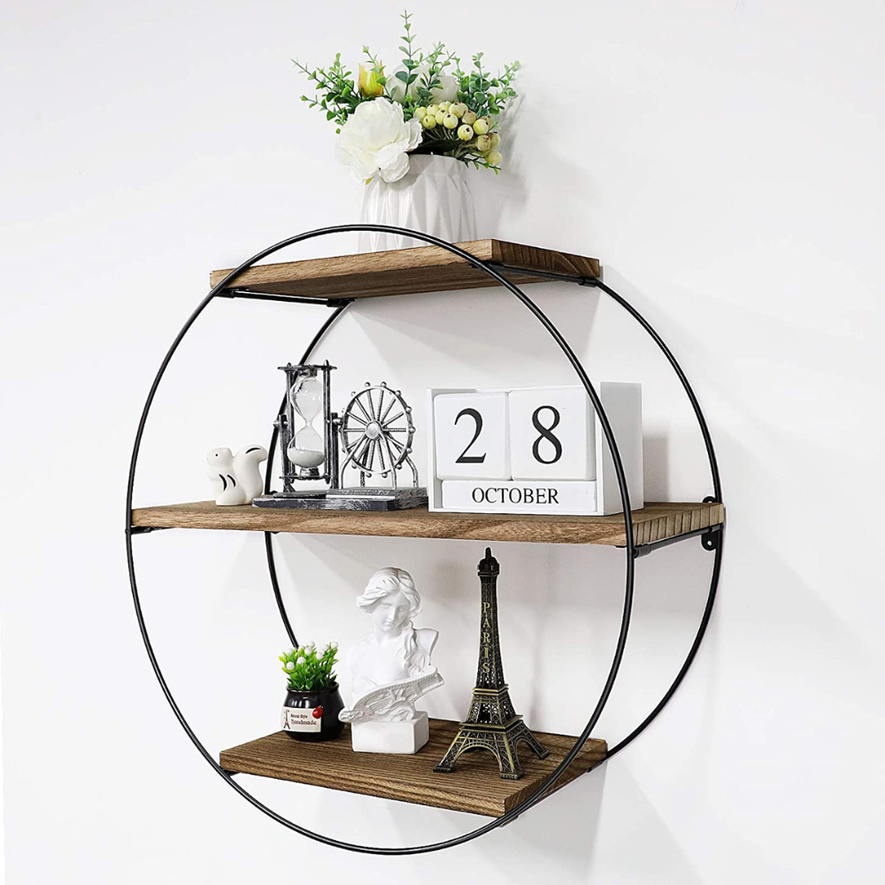 3 Tier Floating Wall Mounted Rustic Industrial Wood Metal Shelves_7