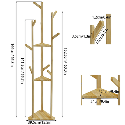 3-Layer Bamboo Coat Rack Tree Cloth Hanger with 9 Hooks_8