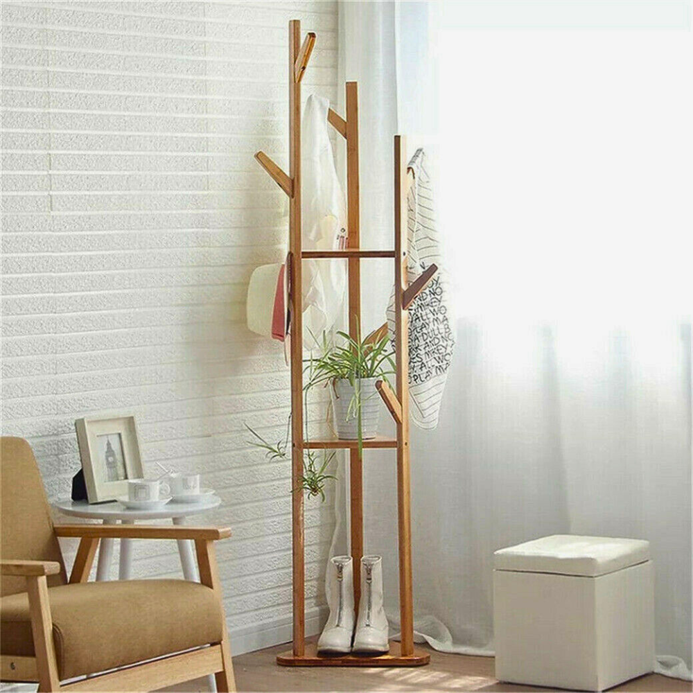 3-Layer Bamboo Coat Rack Tree Cloth Hanger with 9 Hooks_2