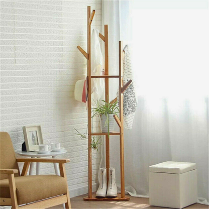 3-Layer Bamboo Coat Rack Tree Cloth Hanger with 9 Hooks_2