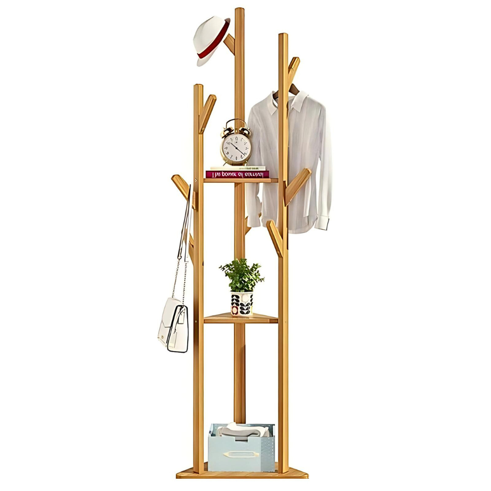 3-Layer Bamboo Coat Rack Tree Cloth Hanger with 9 Hooks_6