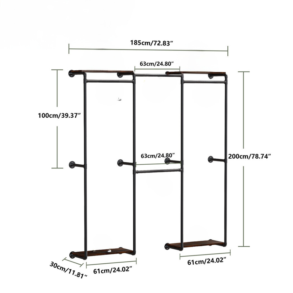 Wall-Mounted Industrial Pipe Clothes Rack with Shelves_7