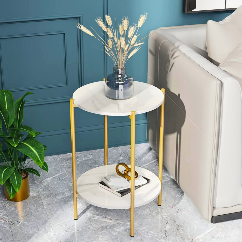 2 Tier Round Coffee End Table with Storage Shelf_0