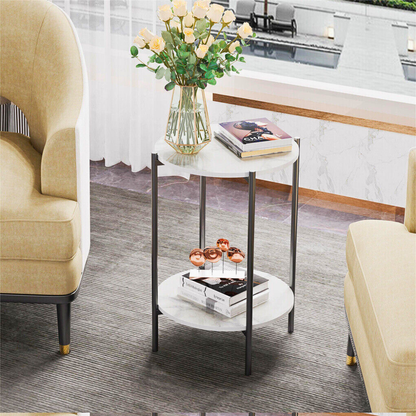 2 Tier Round Coffee End Table with Storage Shelf_1