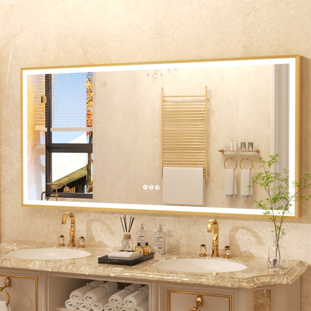 Luxurious LED Bathroom Mirror with Gold Frame_0