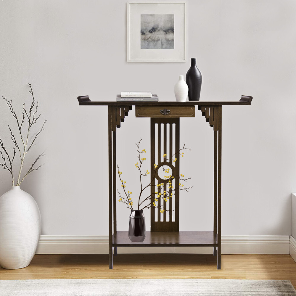 Elegant Wood Entryway Console Table with Drawer and Shelf_3