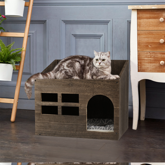 Cozy Wooden Cat Cave Bed with Cushion Pad and Litter Box_0