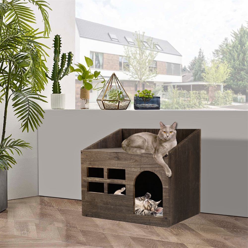 Cozy Wooden Cat Cave Bed with Cushion Pad and Litter Box_2