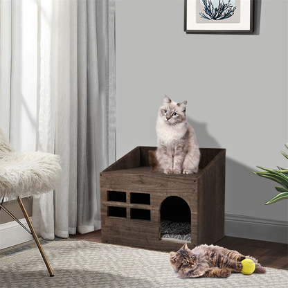 Cozy Wooden Cat Cave Bed with Cushion Pad and Litter Box_3