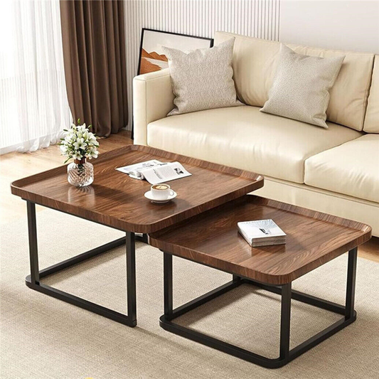 Industrial Coffee Table Set - Wooden Top and Metal Base_0