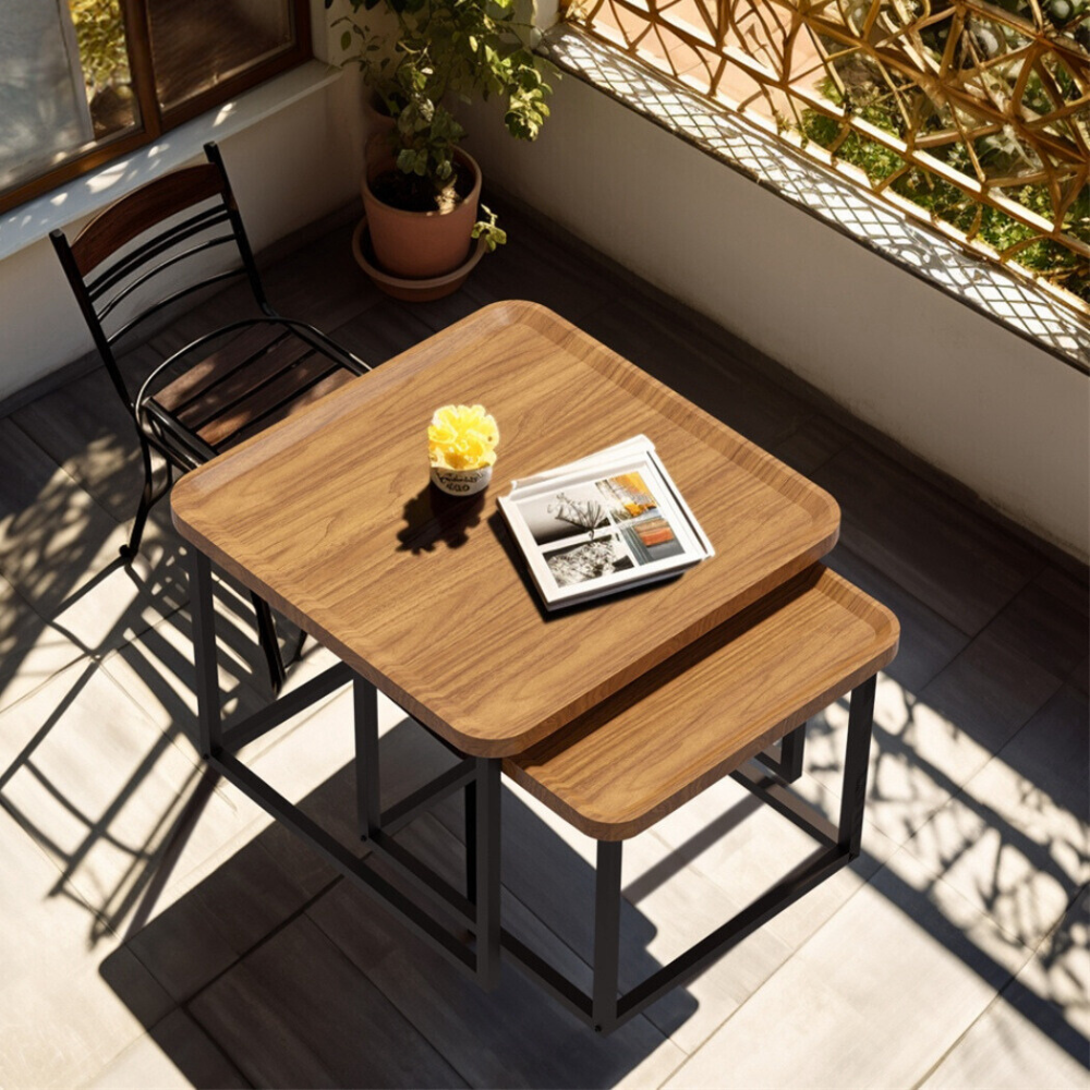 Industrial Coffee Table Set - Wooden Top and Metal Base_4