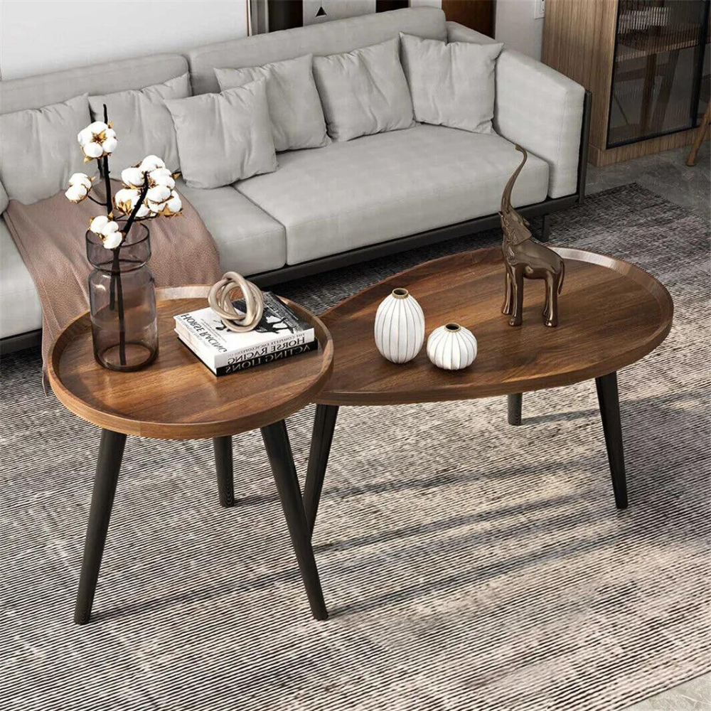 Industrial Coffee Table Set - Wooden Top and Metal Base_5