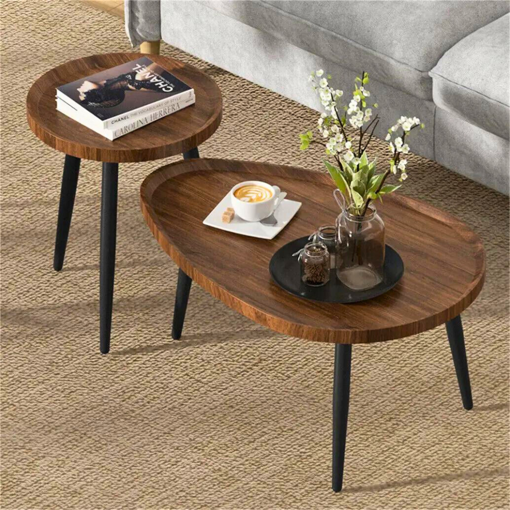 Industrial Coffee Table Set - Wooden Top and Metal Base_8