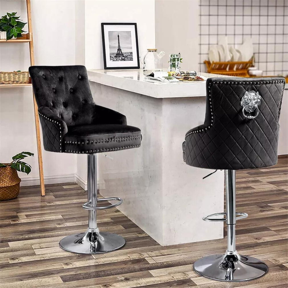 Velvet Swivel Bar Stools with Luxurious Upholstery and Lion Knocker Detail_0