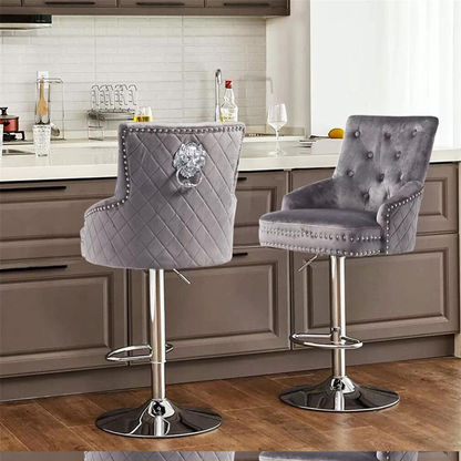 Velvet Swivel Bar Stools with Luxurious Upholstery and Lion Knocker Detail_1