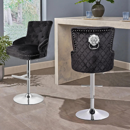 Velvet Swivel Bar Stools with Luxurious Upholstery and Lion Knocker Detail_2