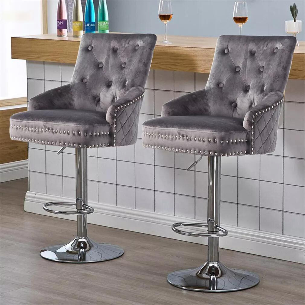 Velvet Swivel Bar Stools with Luxurious Upholstery and Lion Knocker Detail_3