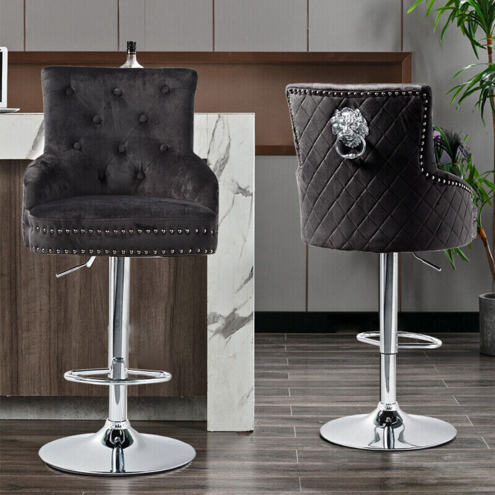 Velvet Swivel Bar Stools with Luxurious Upholstery and Lion Knocker Detail_7