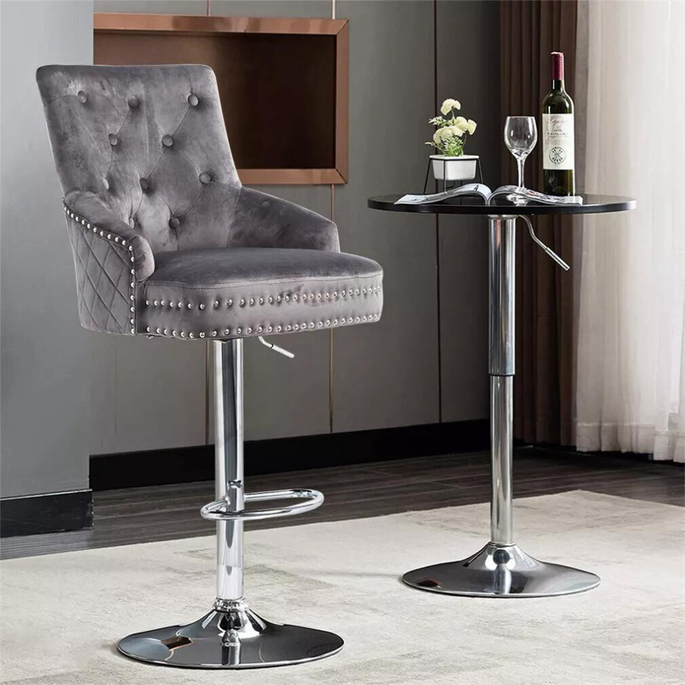 Velvet Swivel Bar Stools with Luxurious Upholstery and Lion Knocker Detail_8