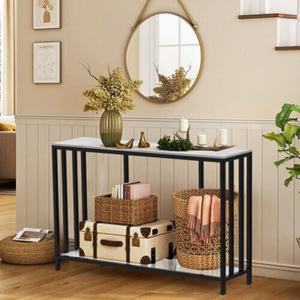 Modern White Marble Console Table with Storage Shelf_2