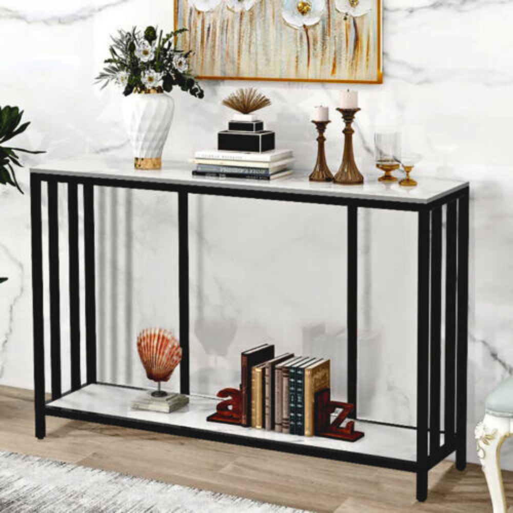 Modern White Marble Console Table with Storage Shelf_4